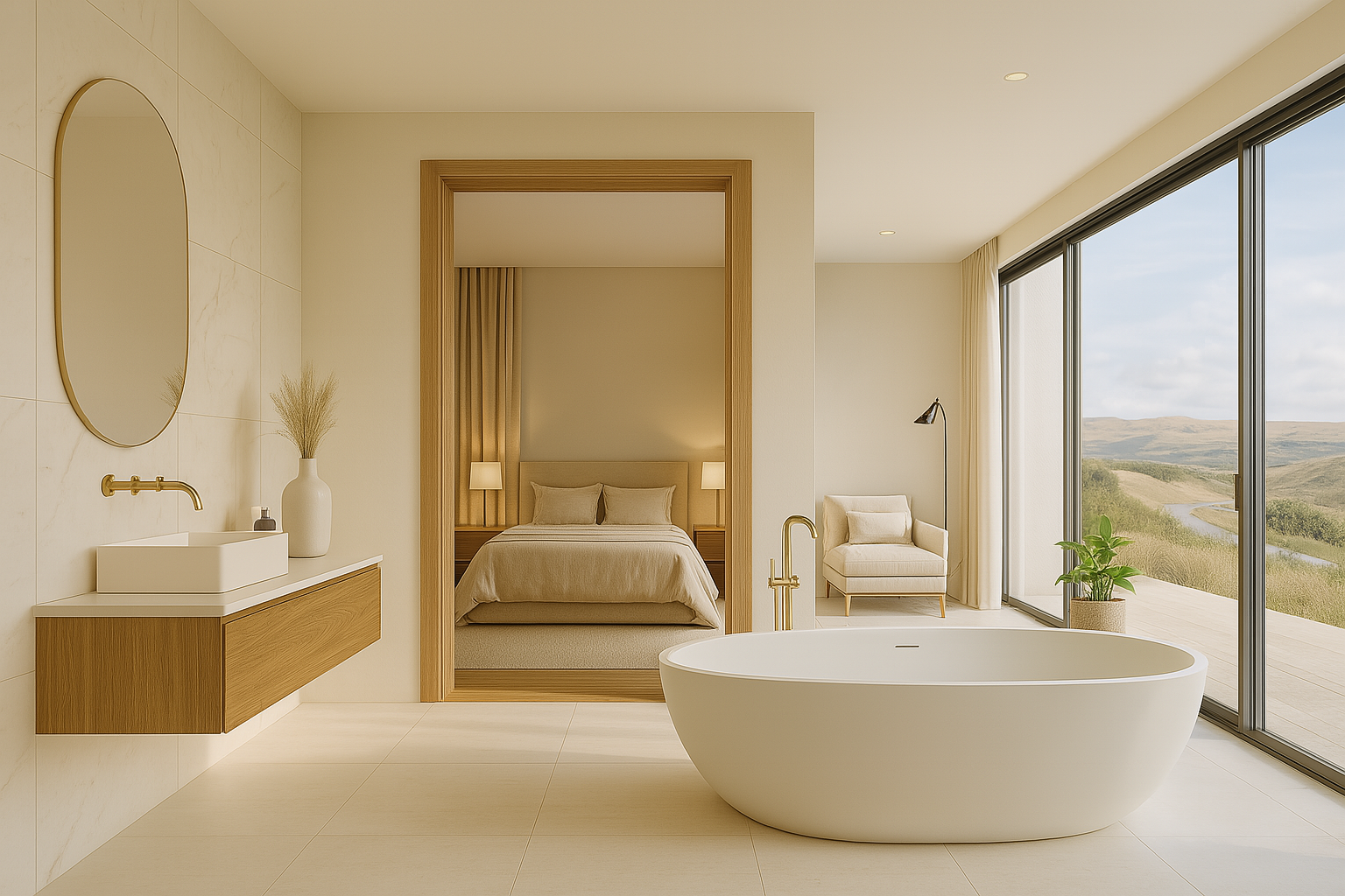 Helles, minimalistisches Luxusbad mit freistehender ovaler Badewanne, angrenzendem Schlafzimmer und raumhoher Fensterfront mit Blick auf die Landschaft.