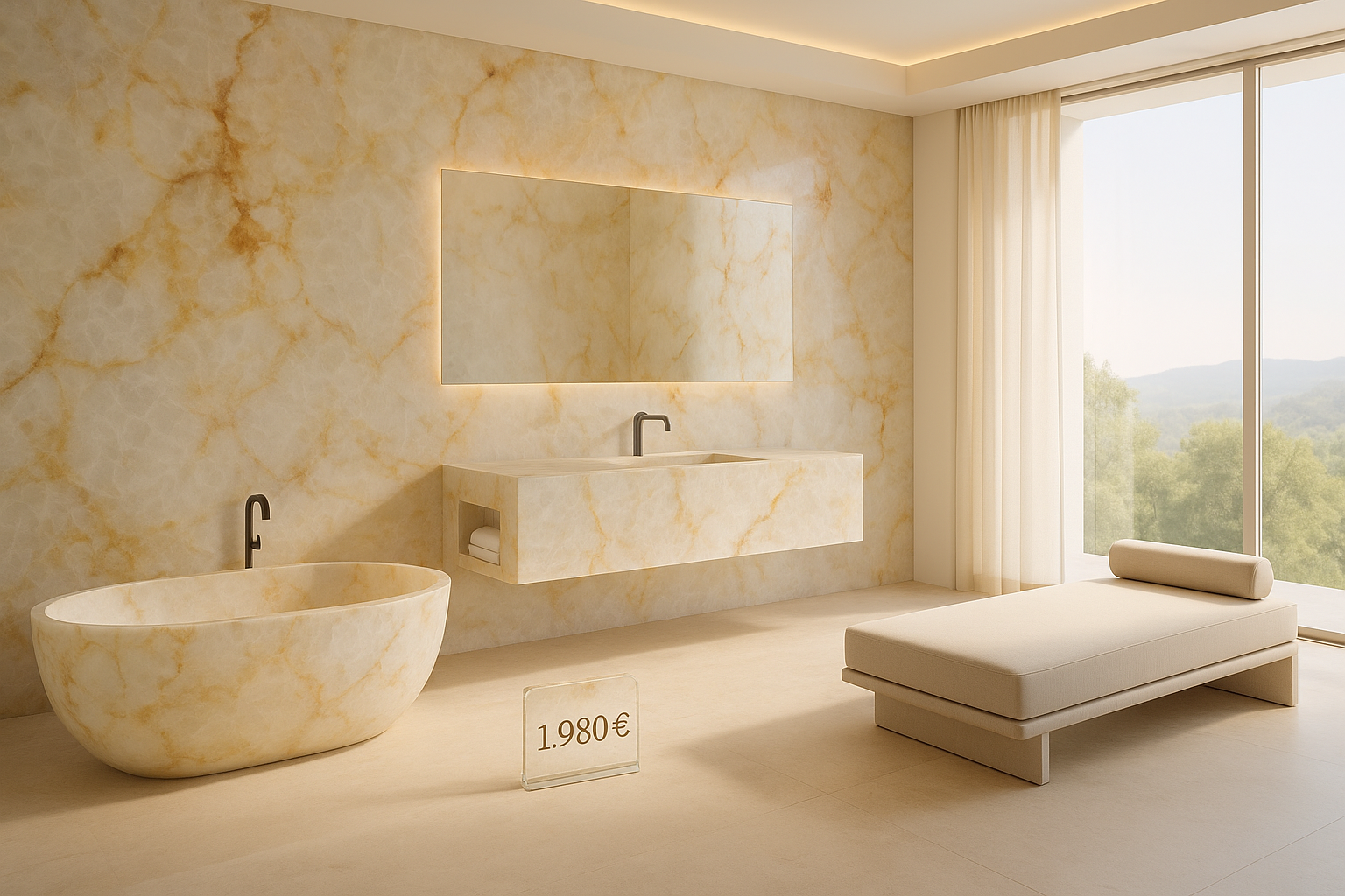 Luxuriöses Badezimmer mit frei stehender Badewanne, Quarzit-Akzentwand, Tageslicht und maßgefertigter Waschplatz – Badplanung ab 1.980 €