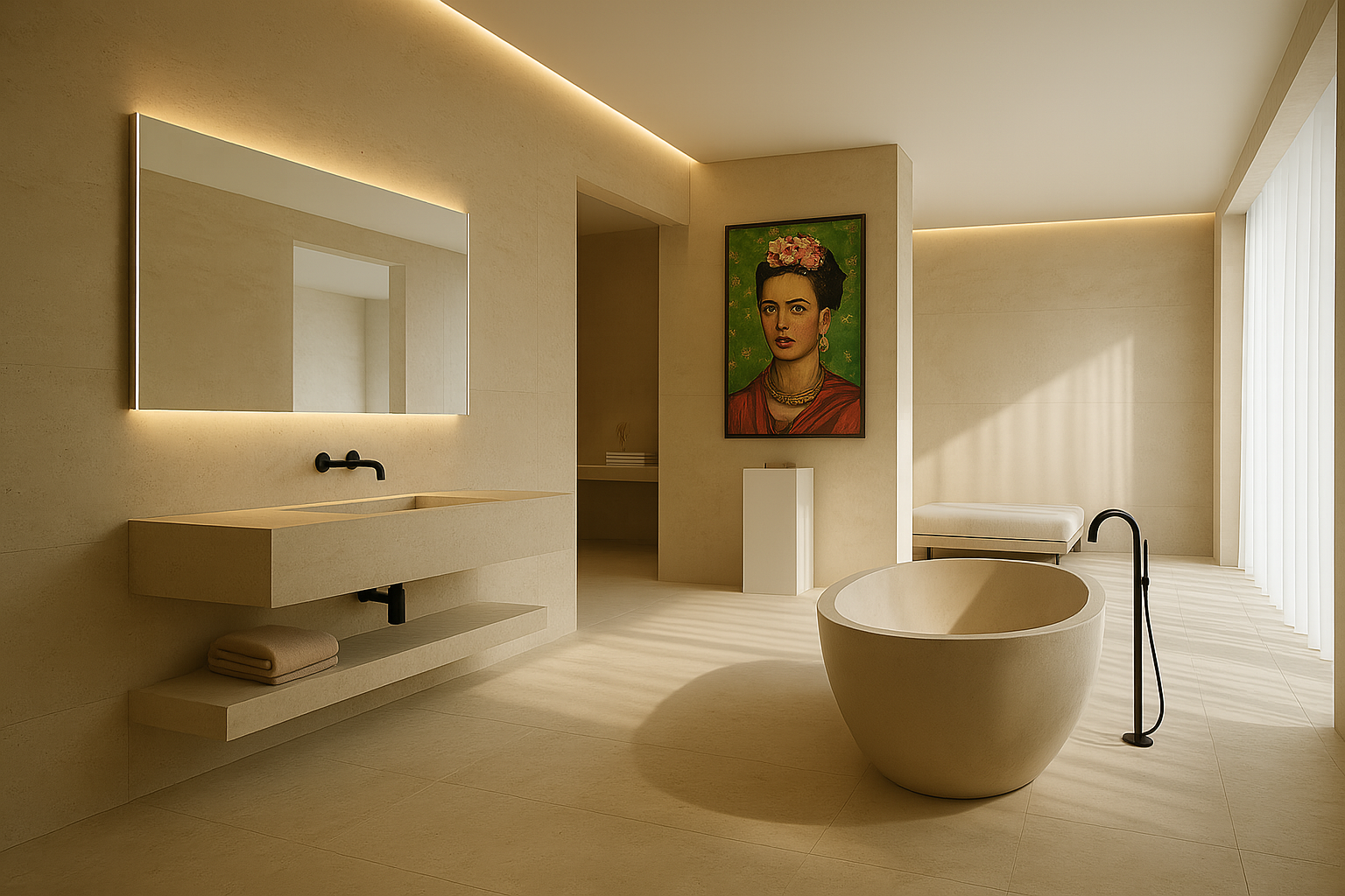 Luxuriöses, minimalistisches Badezimmer mit freistehender Badewanne und großformatigem Kunstwerk an der Wand.