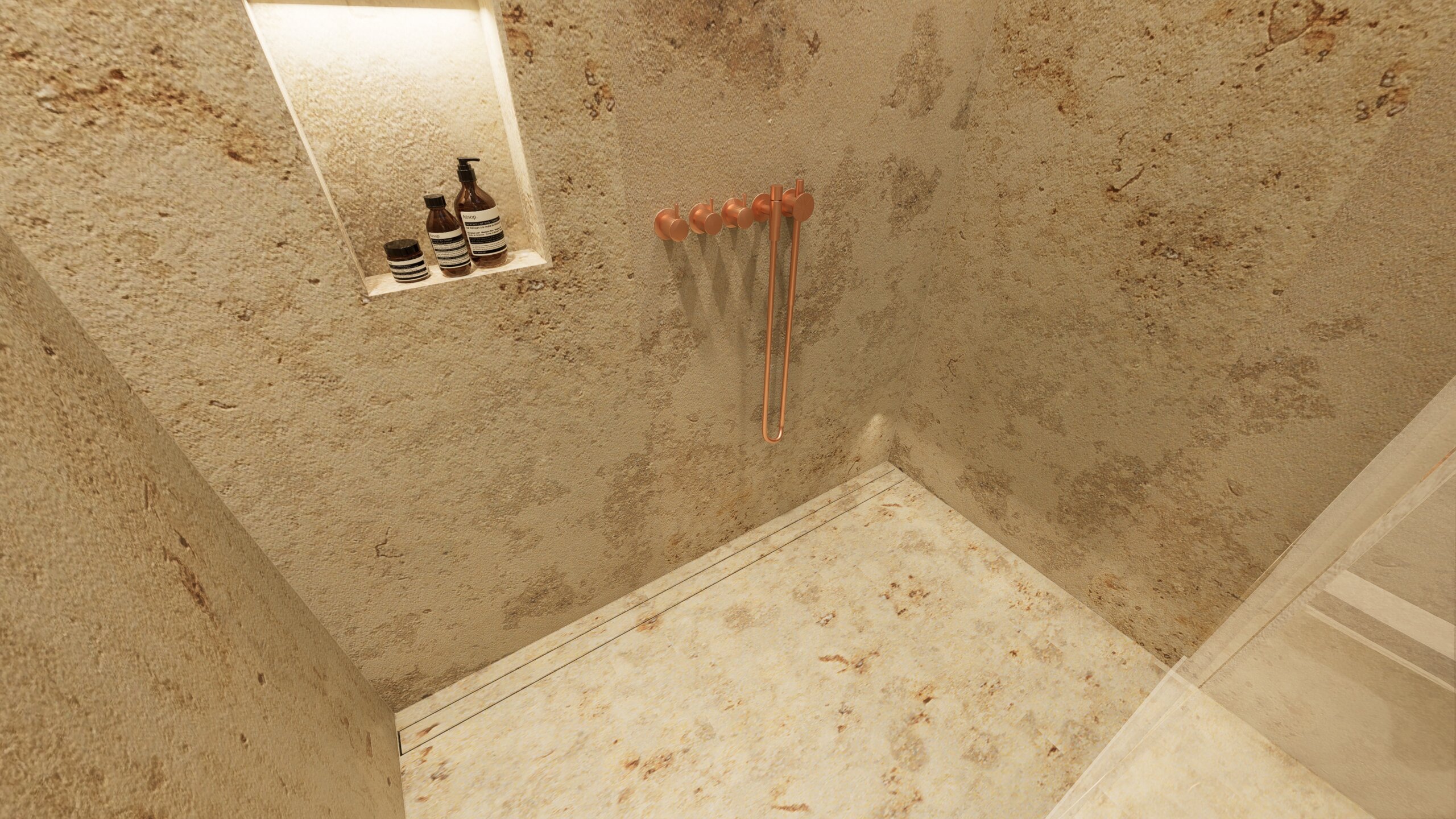 Exklusive bodengleiche Dusche mit Natursteinverkleidung, eingelassener Lichtnische und hochwertigen Armaturen – Design by Torsten Müller