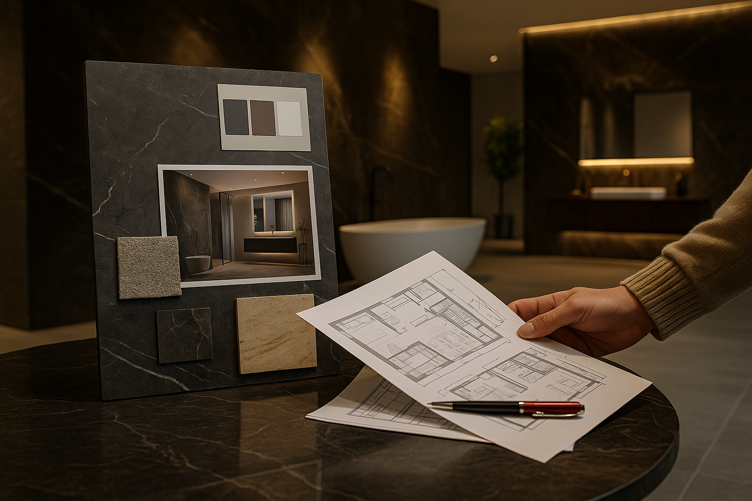 Design-Konzeptboard mit Natursteinmustern und Grundrissplänen für exklusives Badambiente