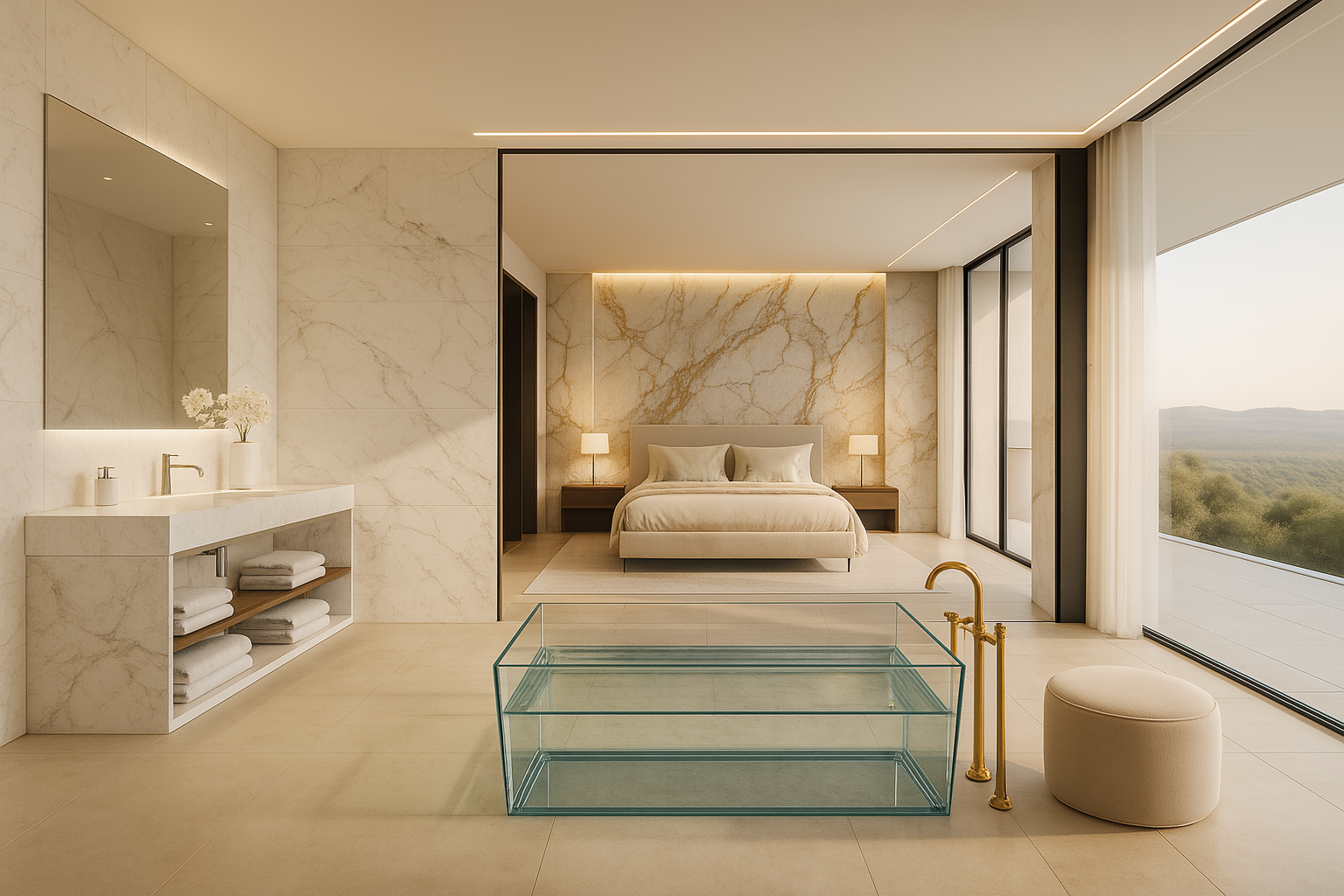 Offenes Bad en Suite mit Glasbadewanne, Naturstein und Panoramaausblick