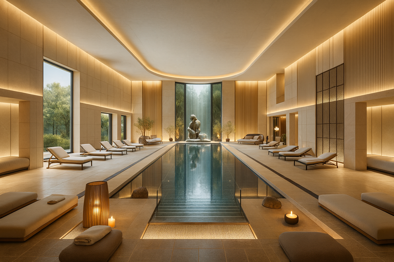 Luxuriöses Indoor-Spa mit Pool, Lounge-Liegen und Wasserfall