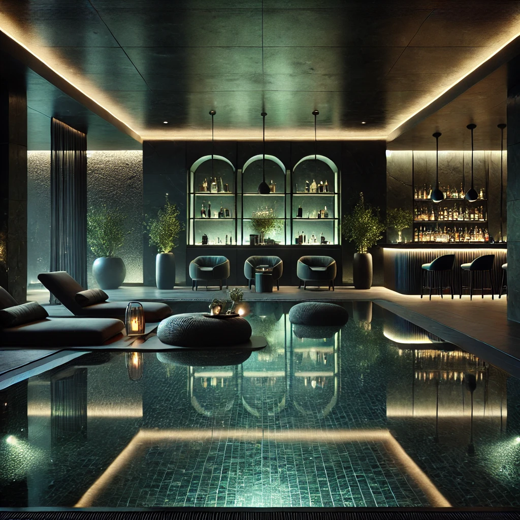 Luxuriöses Spa mit Pool und exklusiver Bar in dunklem Ambient