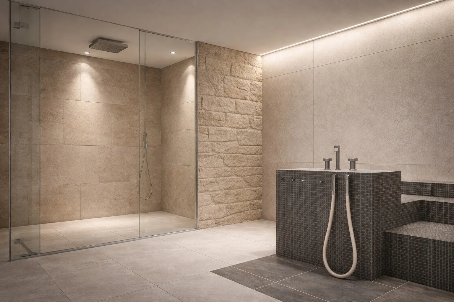 Luxusbad mit Naturstein, integrierter Lichtführung und technisch geplanter Walk-in-Dusche im Premiumsegment