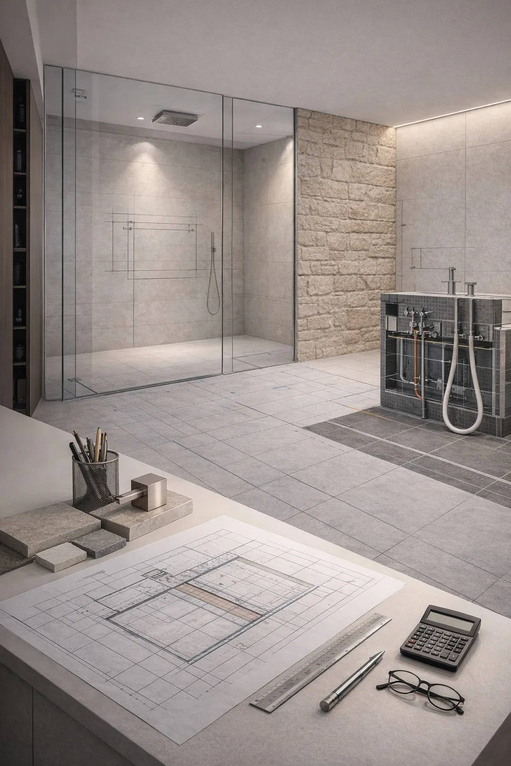 Architekturplanung eines Luxusbadprojekts mit 3D-Visualisierung, technischer Detailplanung und integrierter Naturstein-Dusche