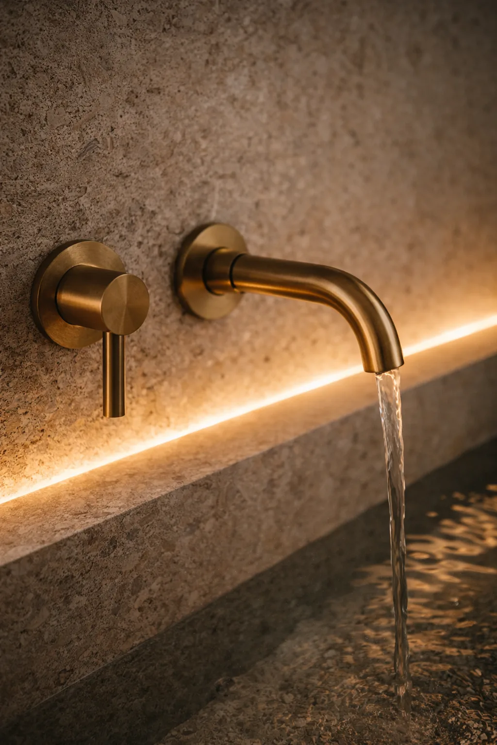 Luxus Bad mit Naturstein und indirekter Lichtplanung sowie hochwertiger Armatur