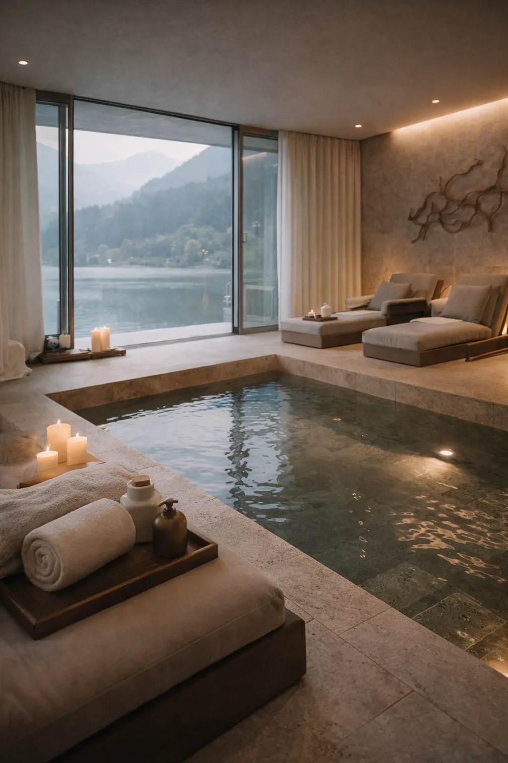 Private Spa Bad mit Naturstein, Pool und Panoramaausblick