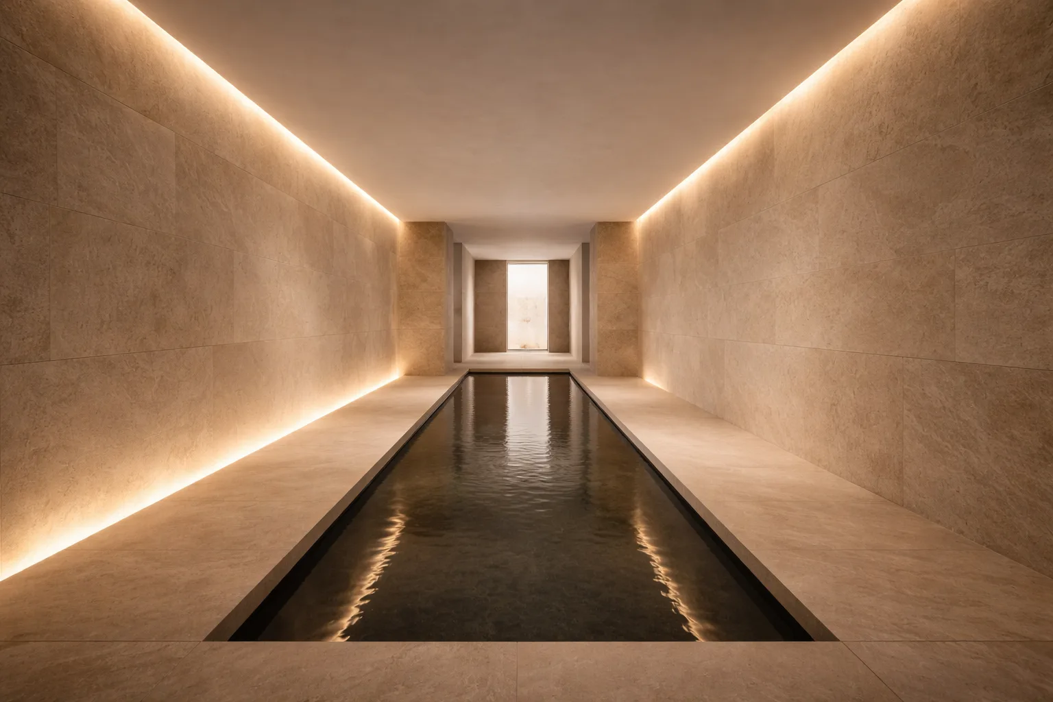 Private Spa mit Naturstein, Wasserbecken und indirektem Lichtdesign – ruhige Raumwirkung und klare Architektur
