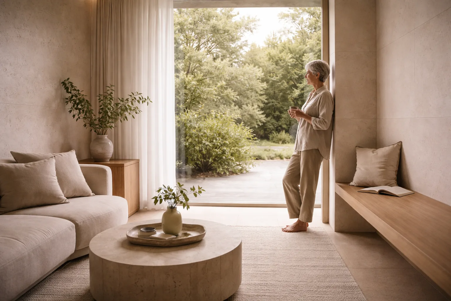 Ruhiger Wohnraum mit natürlichem Licht, Naturblick und klarer Raumstruktur im High-End Interior Design