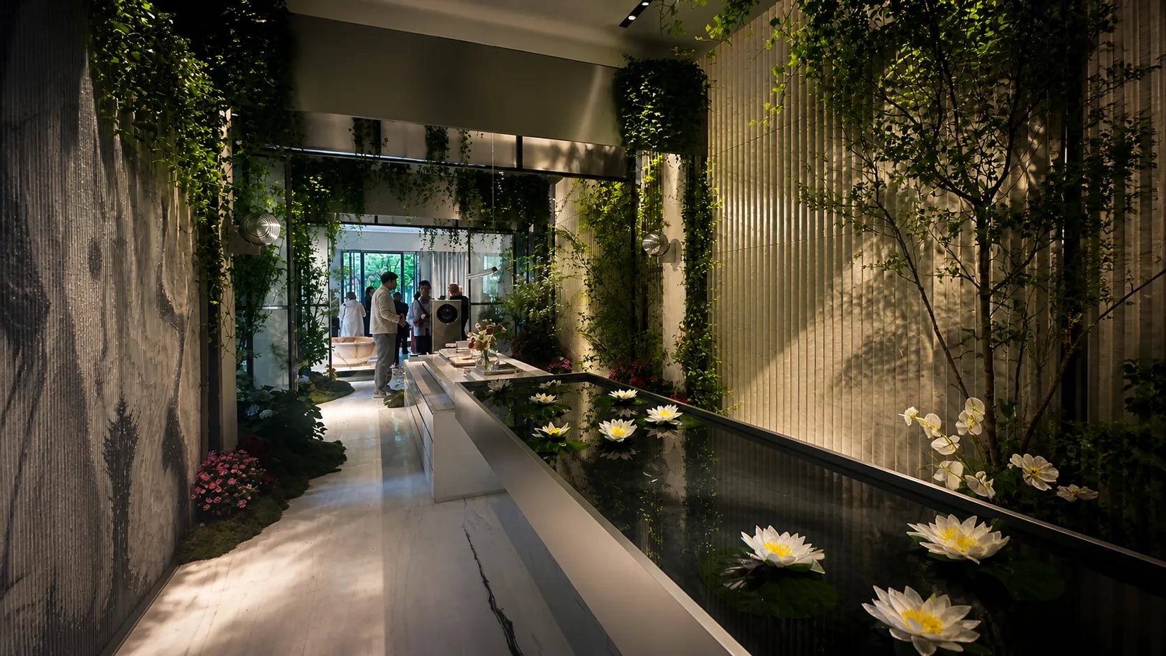 Immersive Installation von Antolini und Bang & Olufsen im MilanoDuomo Stoneroom in Mailand mit reflektierenden Wasserflächen, Naturstein und Lichtinszenierung
