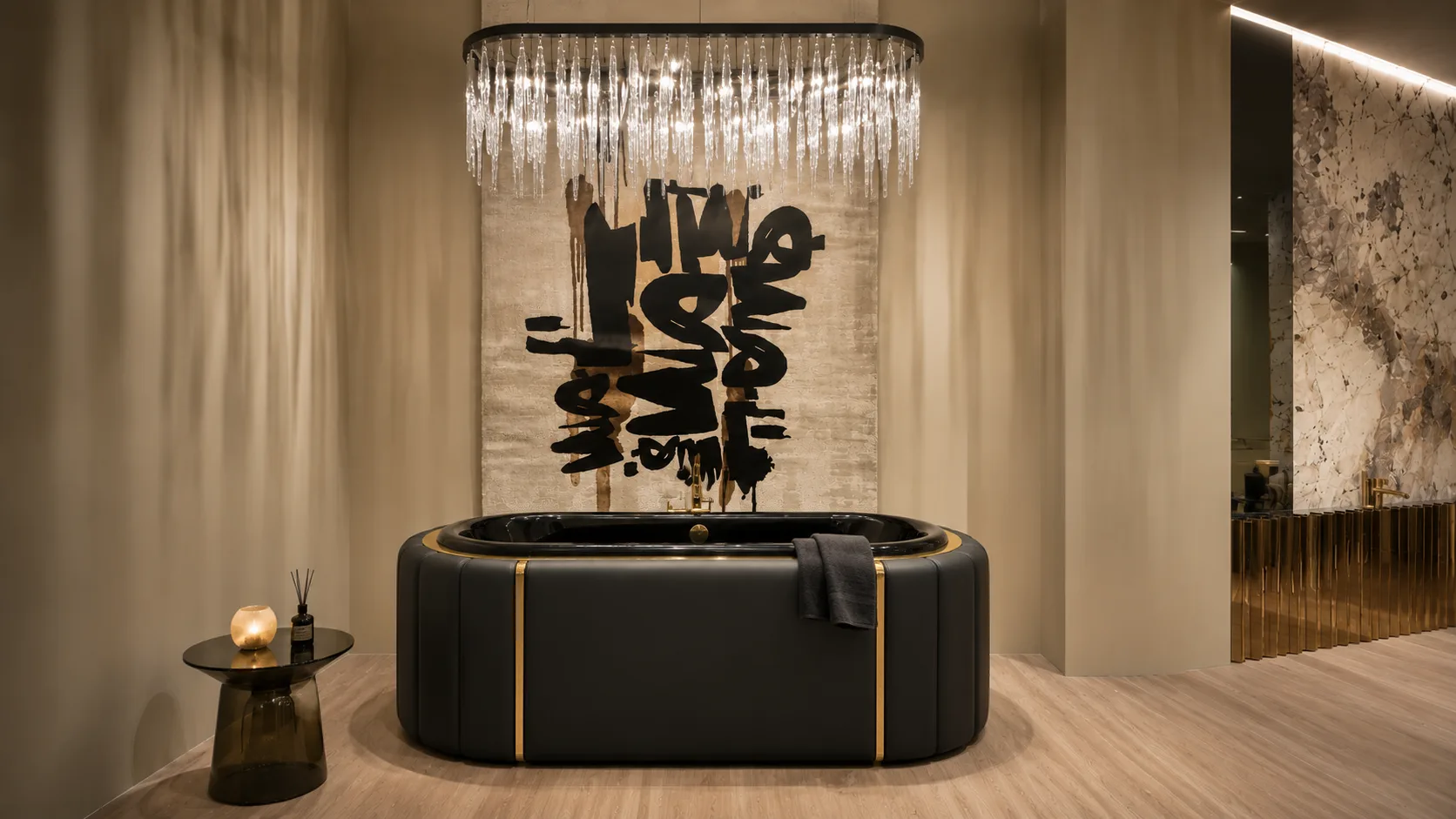 Atmosphärisches Dark Luxury Badezimmer mit freistehender schwarzer Badewanne, indirekter Lichtinszenierung und luxuriöser Raumwirkung auf dem Salone del Mobile 2026 in Mailand