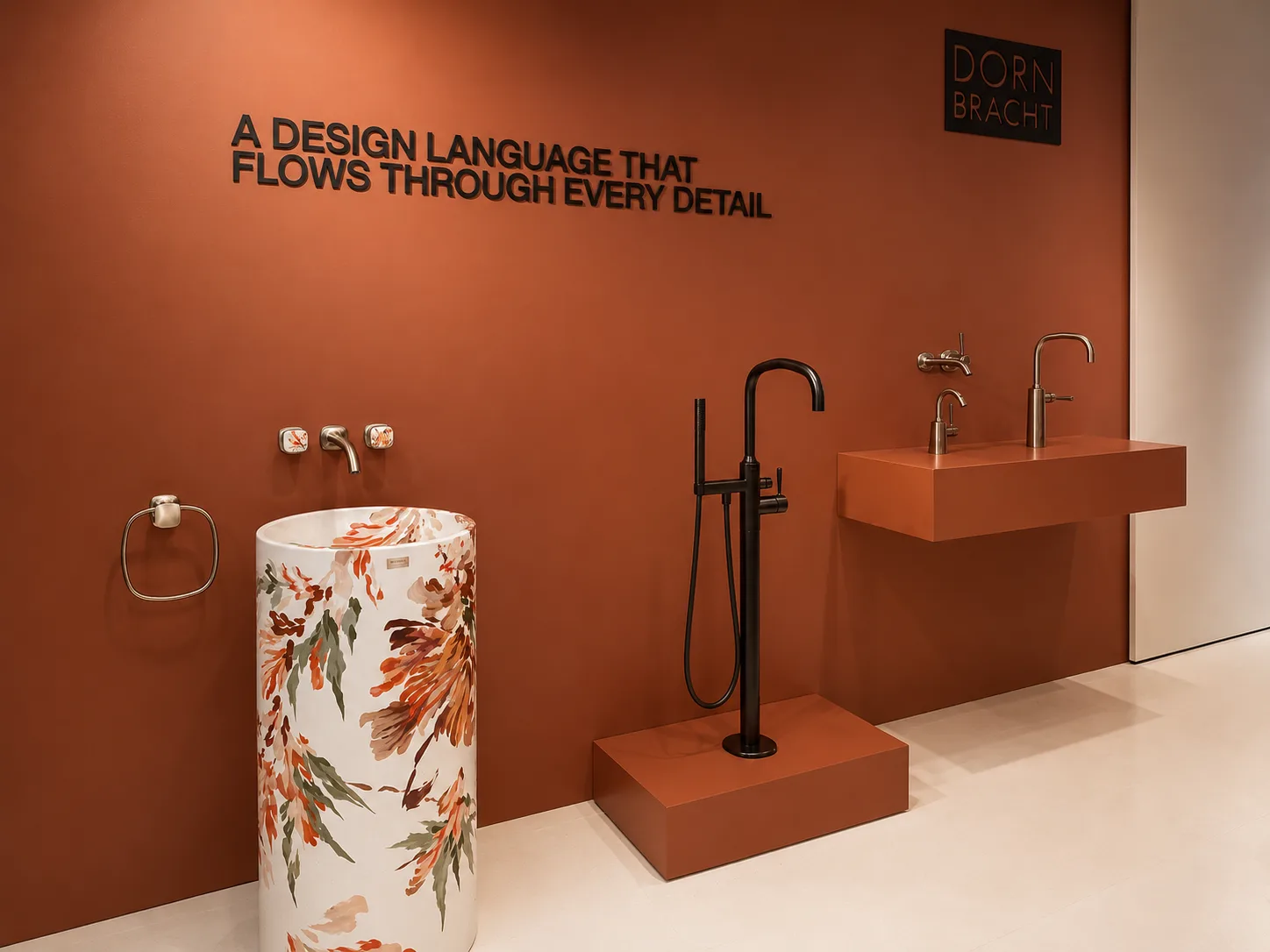 Dornbracht Installation mit warmen Terrakotta-Farben, minimalistischen Armaturen und floralem Waschbecken auf dem Salone del Mobile 2026 in Mailand
