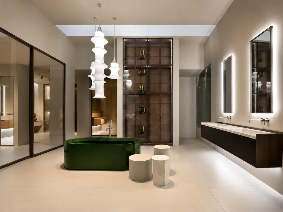 Modernes Luxusbad auf dem Salone del Mobile 2026 in Mailand mit grüner freistehender Badewanne, hinterleuchteten Spiegeln und minimalistischer Badarchitektur