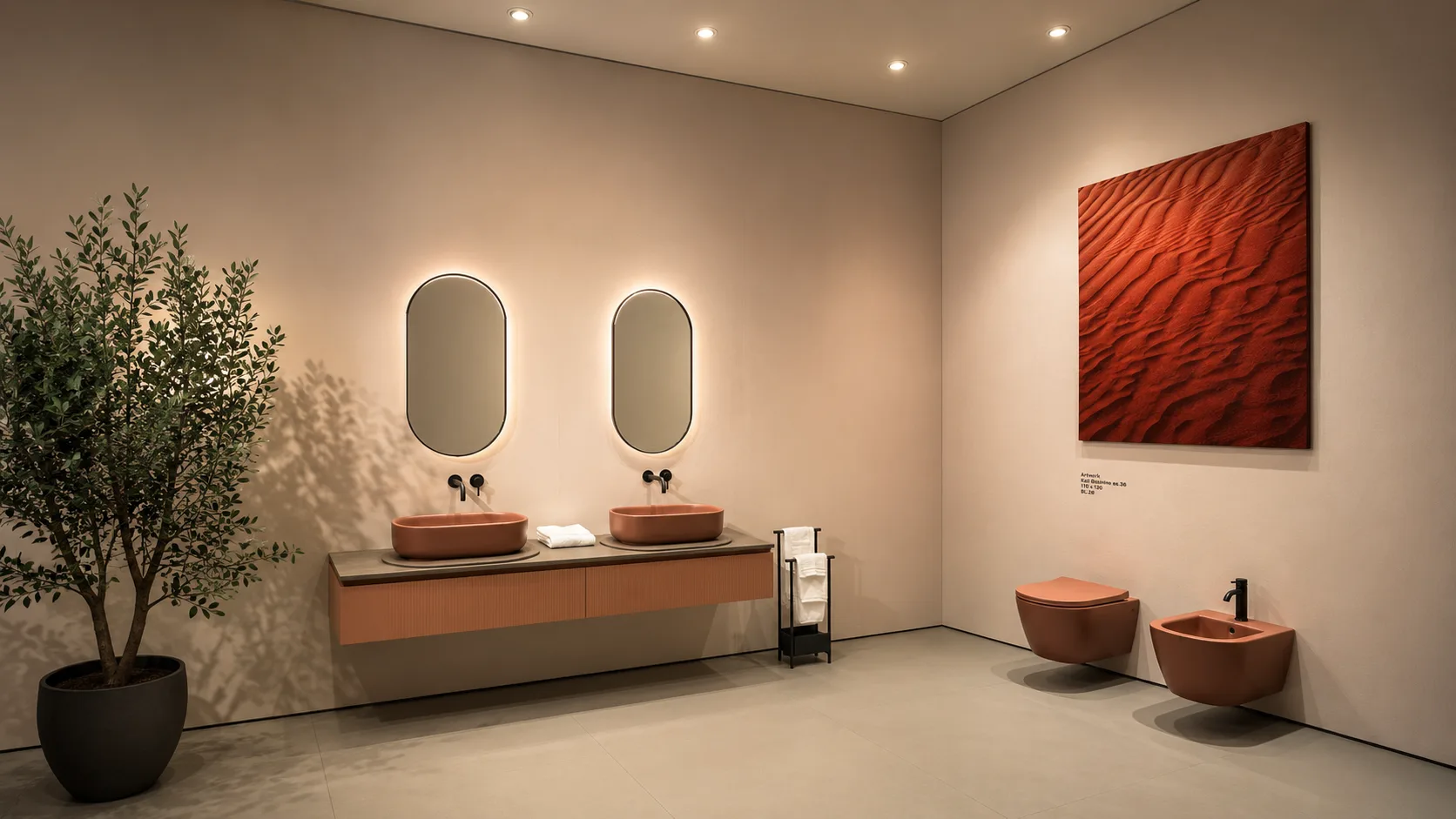 Modernes Badezimmer mit warmen Terrakotta-Waschtischen, indirekter Beleuchtung, reduzierter Architektur und wohnlicher Spa-Atmosphäre auf dem Salone del Mobile 2026