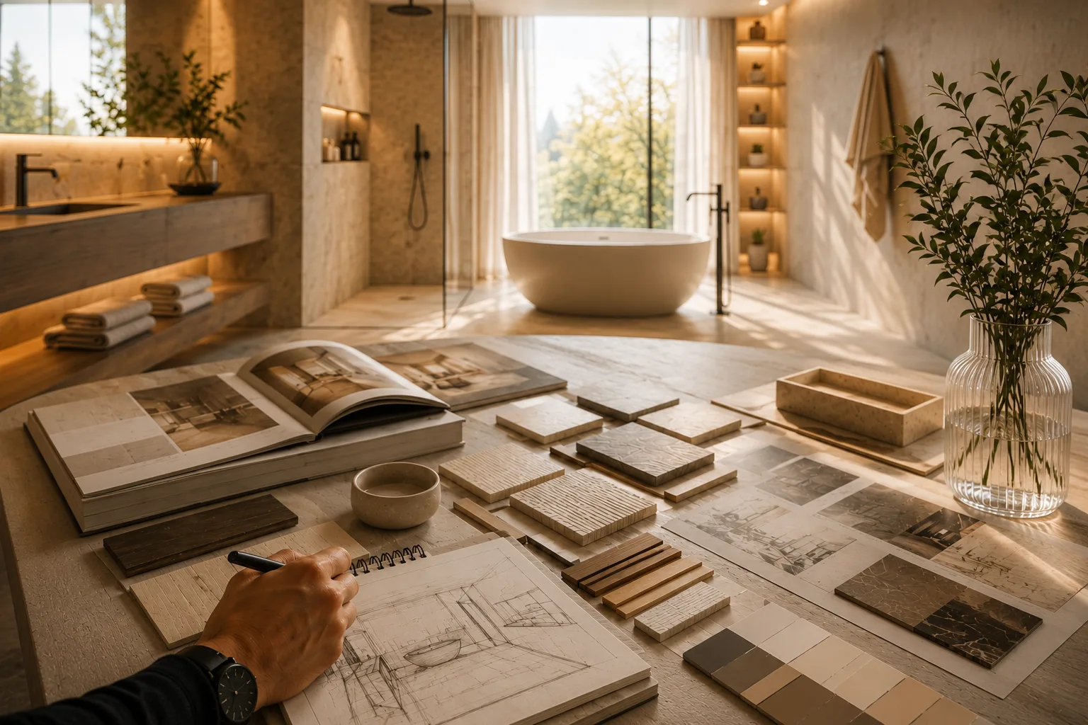 Lichtplanung für Naturstein und Materialwirkung im Badezimmer Lichtplanung und Materialkonzept im Luxusbad mit Naturstein und Private-Spa-Atmosphäre