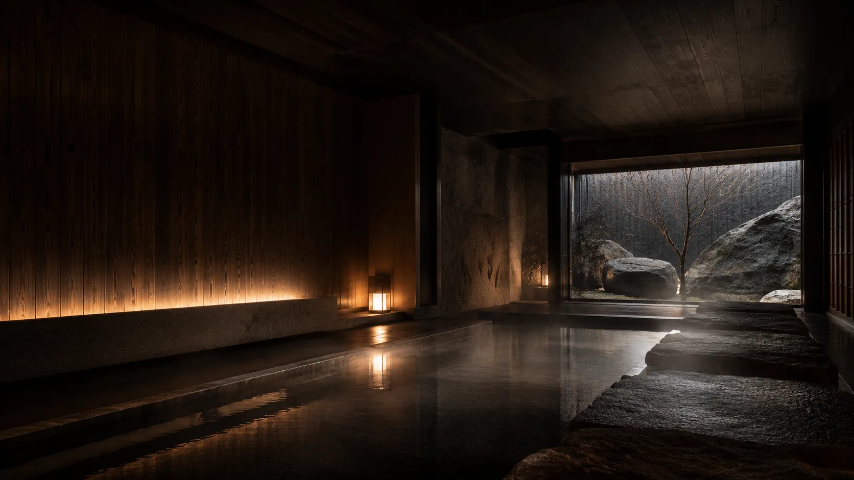 Emotionales Private Day Spa mit Onsen-Architektur, indirektem Licht und ruhiger Materialwirkung
