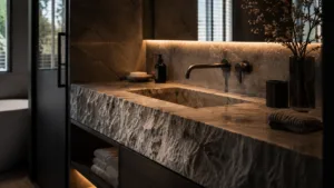 Maßgefertigter Naturstein-Waschtisch in einem Bad en Suite mit indirekter Lichtplanung und hochwertiger Materialauswahl