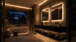 Bad en Suite mit indirekter Beleuchtung, Voutenlicht und beleuchteten Spiegeln als Teil eines hochwertigen Lichtkonzepts