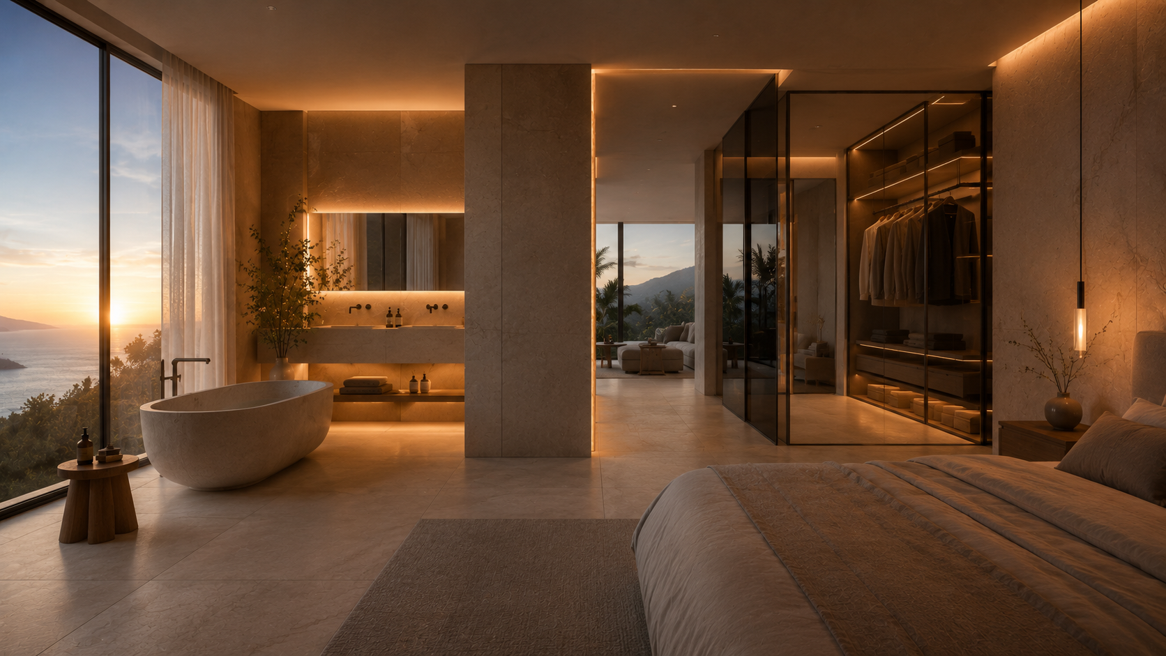 Bad en Suite mit freistehender Badewanne, offener Ankleide, Schlafzimmer und Meerblick als hochwertige Master Suite.