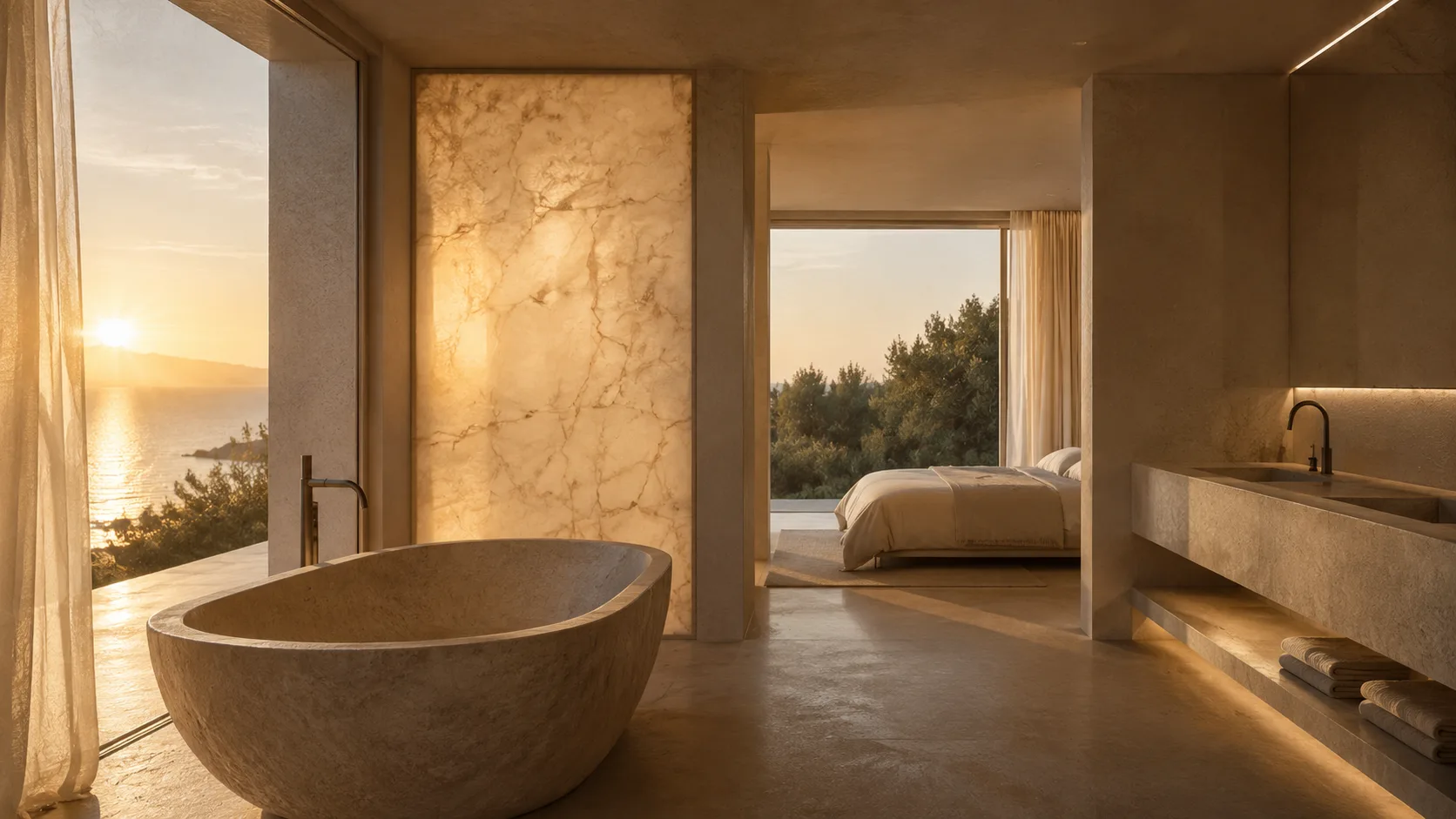 Bad en Suite mit Natursteinbadewanne und Meerblick