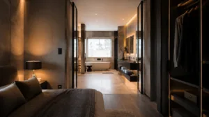 Bad en Suite mit Schlafzimmer, Ankleide und Badezimmer in einer durchgehenden Sichtachse mit hochwertigem Lichtkonzept