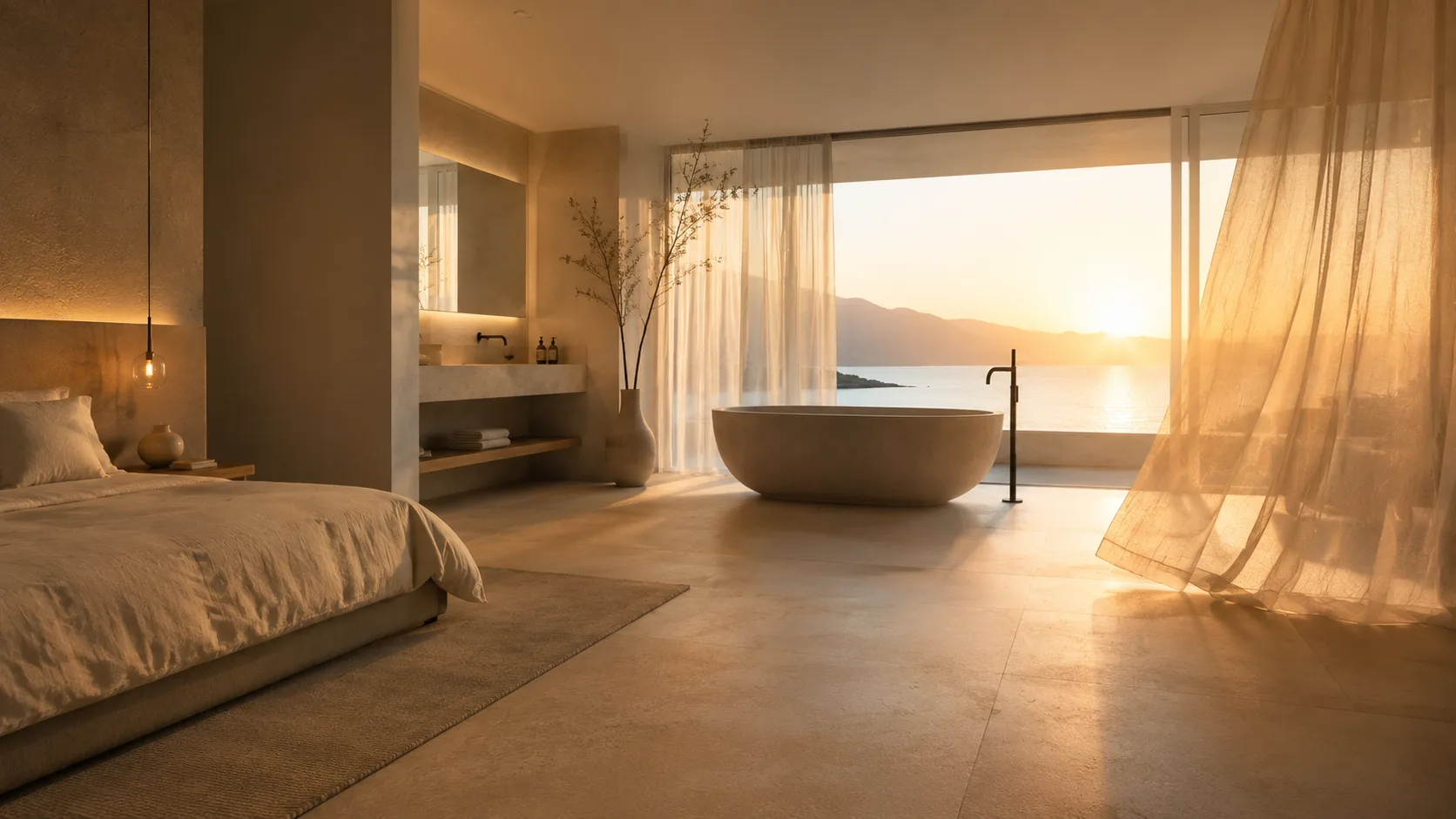 Offenes Bad en Suite mit integriertem Schlafzimmer, freistehender Natursteinbadewanne, bodentiefen Fenstern und Meerblick bei Sonnenaufgang.
