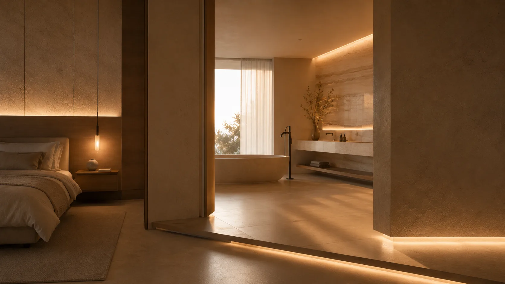 Modernes Bad en Suite mit fließendem Übergang zwischen Schlafzimmer und Badezimmer, indirekter Beleuchtung, Natursteinoberflächen und freistehender Badewanne.