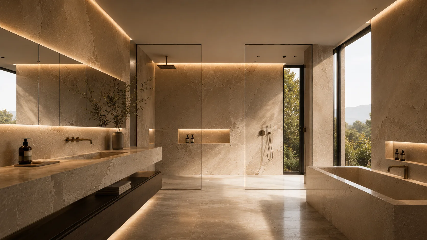Immobilienwert durch hochwertige Badarchitektur mit Naturstein und Lichtplanung