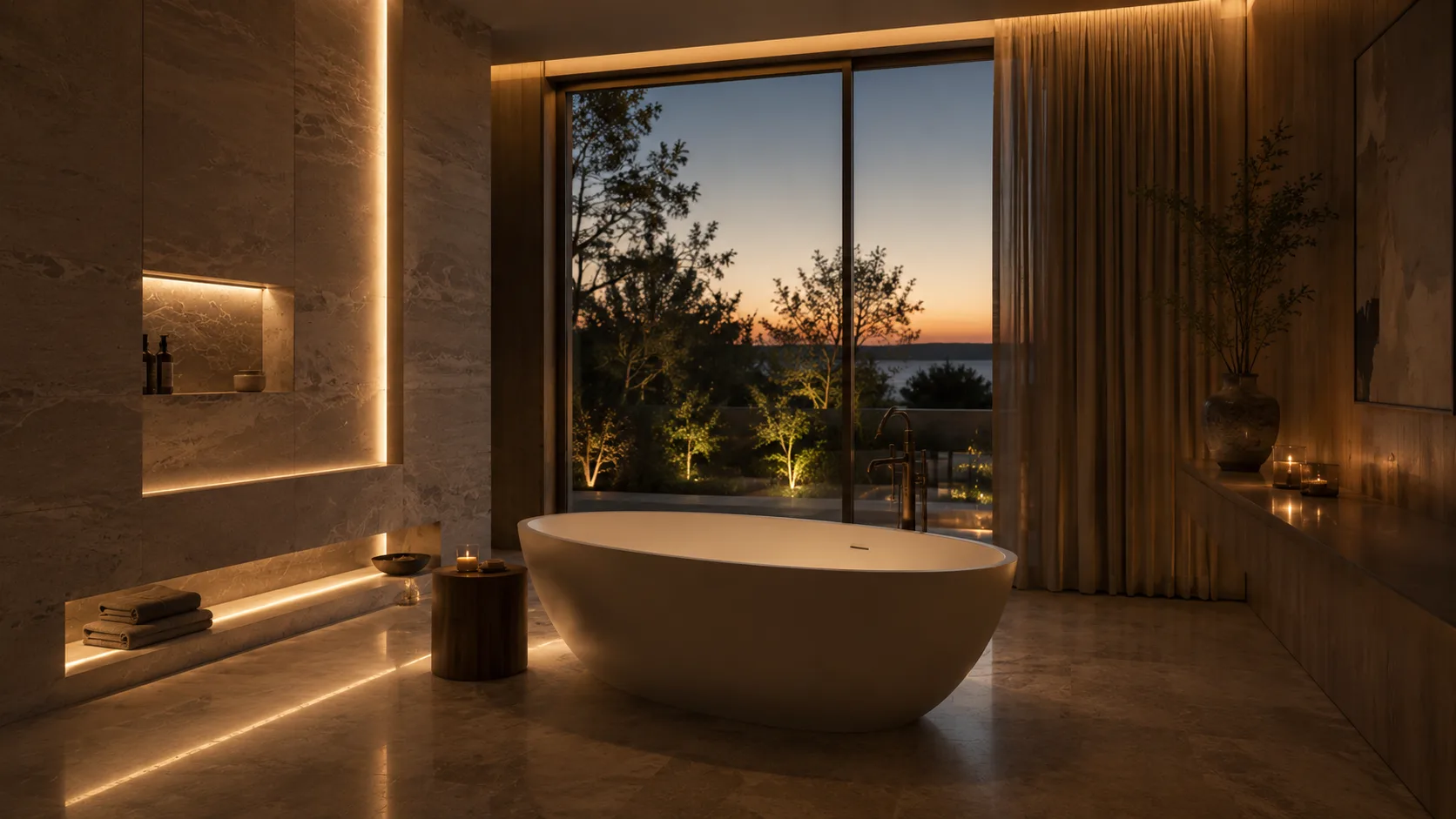 Freistehende Badewanne in einem hochwertigen Masterbad mit warmer Lichtführung, Naturstein und ruhiger Spa-Atmosphäre bei Abendstimmung