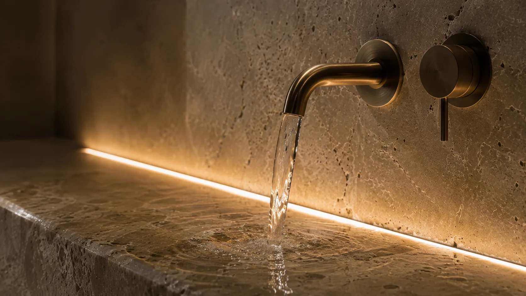 Lichtplanung im Badezimmer mit Naturstein Lichtkante und hochwertiger Materialinszenierung