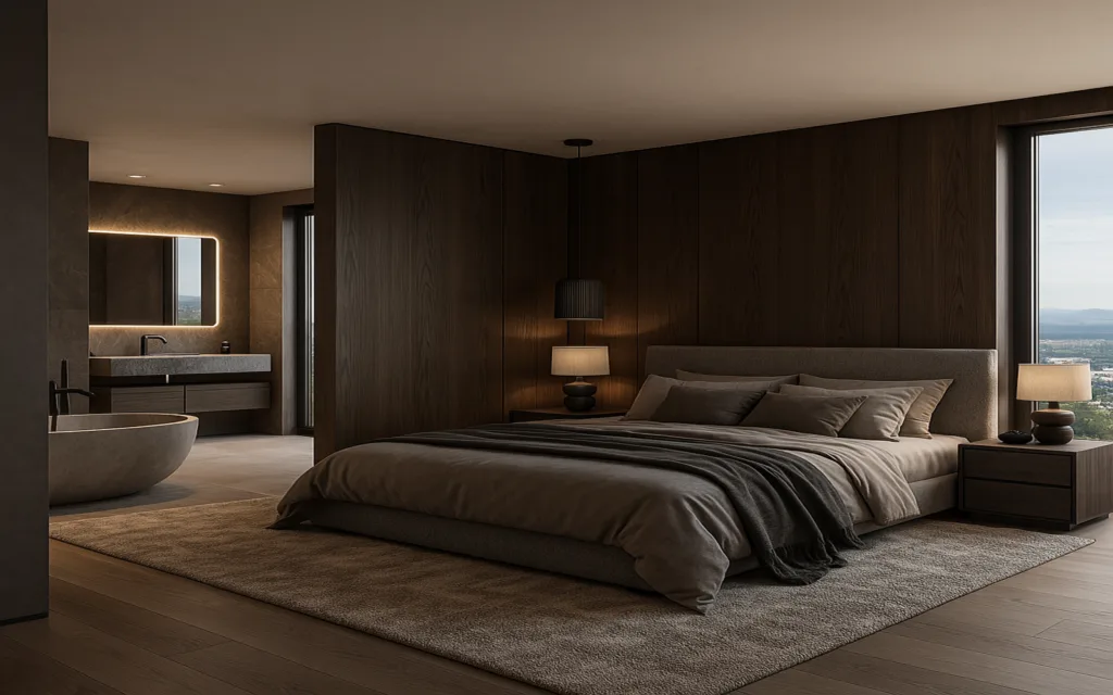 Übergangszone zwischen Schlafzimmer und Bad en Suite mit durchdachter Raumfolge und indirekter Lichtplanung