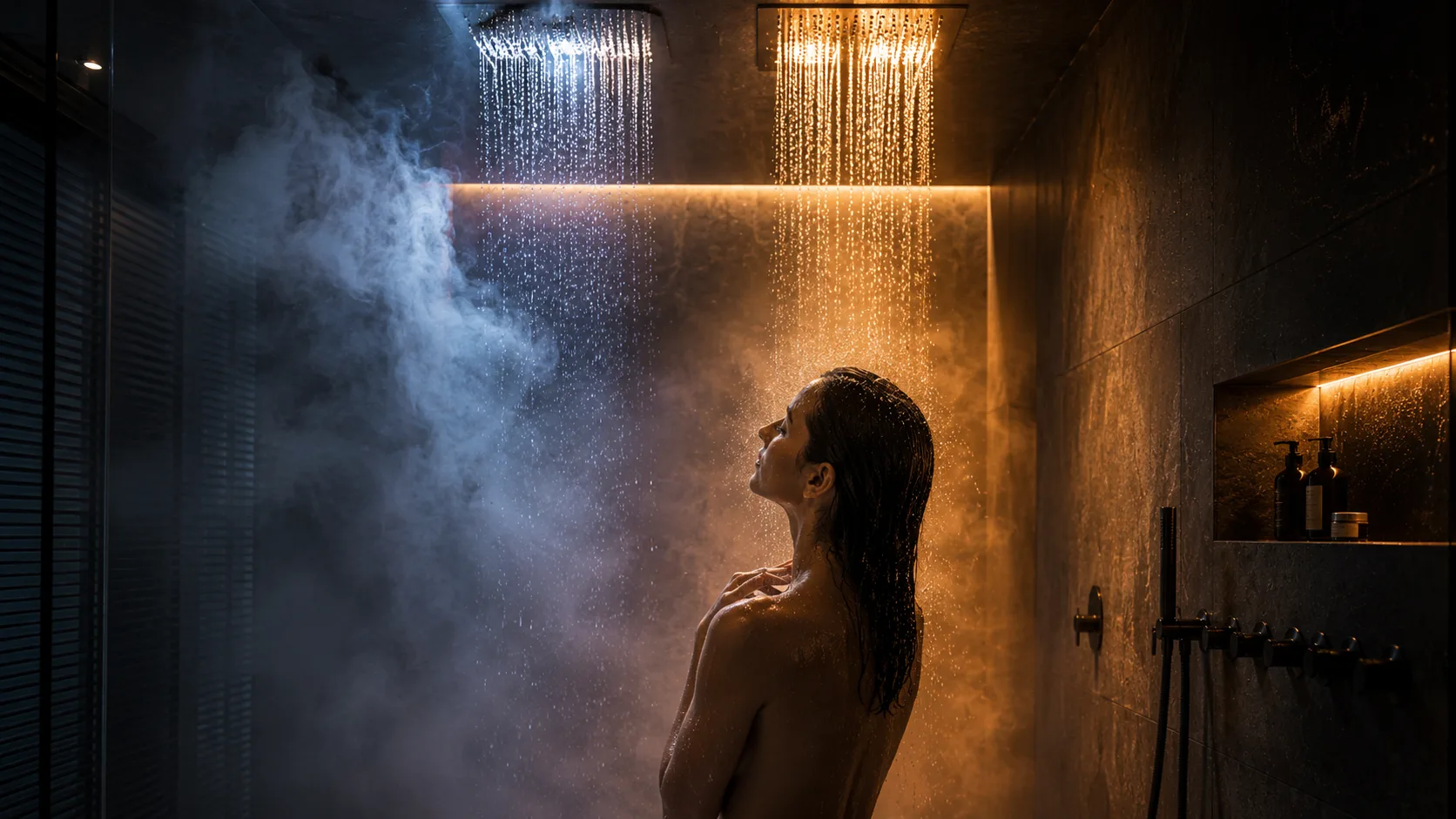 Konzeptvisualisierung einer Wechseldusche mit Wasser, Temperatur und atmosphärischem Licht