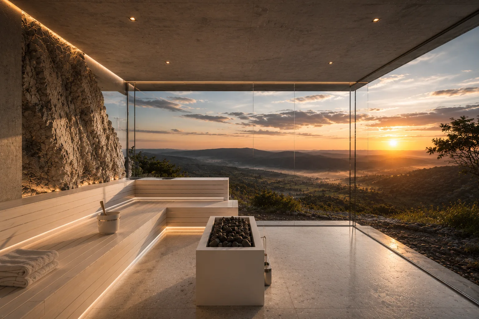 Private-Spa-Sauna mit indirekter Beleuchtung, Natursteinwand, Saunaofen und Panoramaverglasung bei Sonnenuntergang