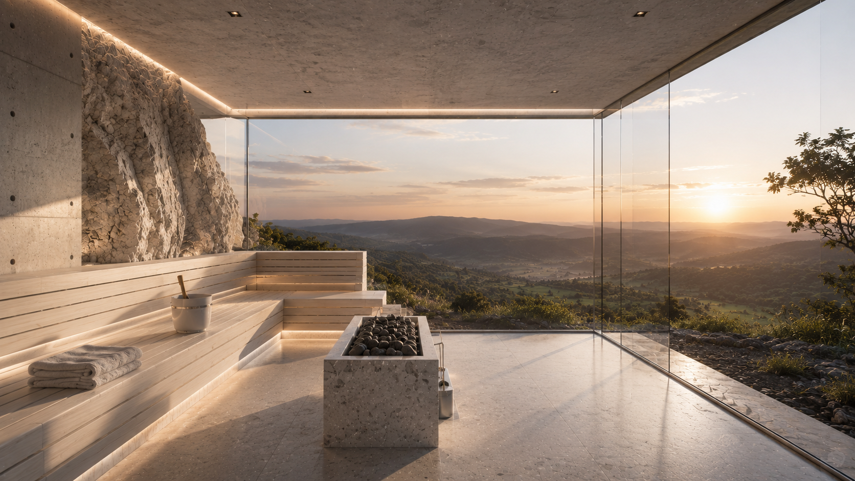 Helle Sauna mit Holzliegen, Natursteinwand, Saunaofen und raumhoher Eckverglasung mit Blick in die Landschaft