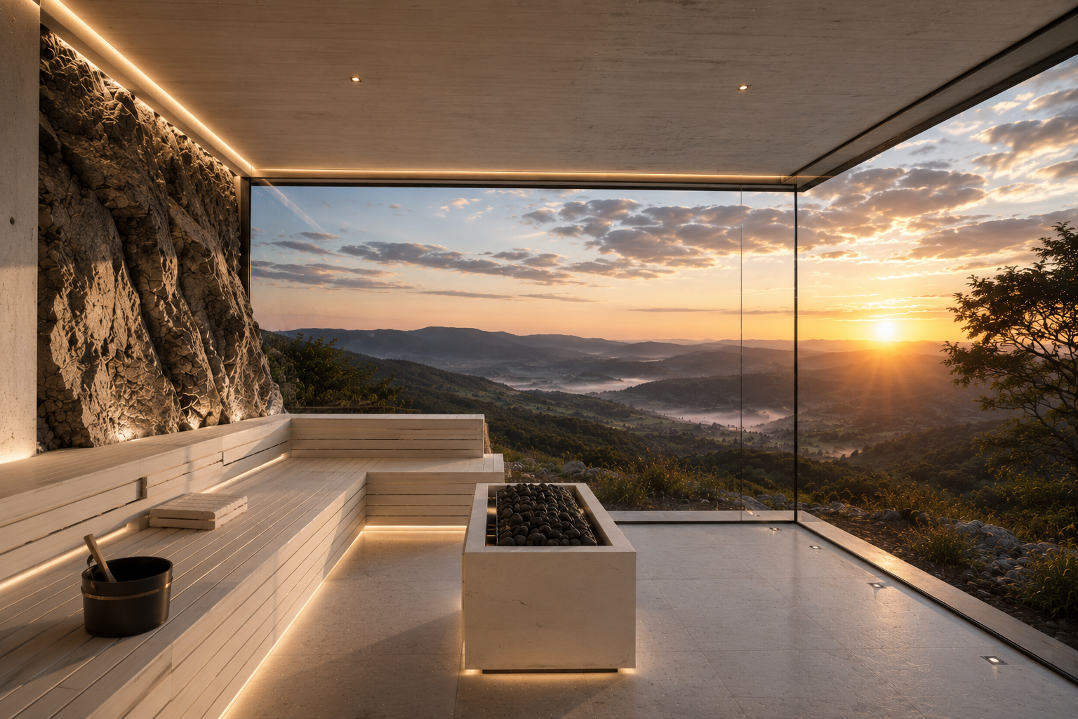 Helle Sauna mit Holzliegen, Natursteinwand, zentralem Saunaofen und raumhoher Eckverglasung bei Sonnenuntergang