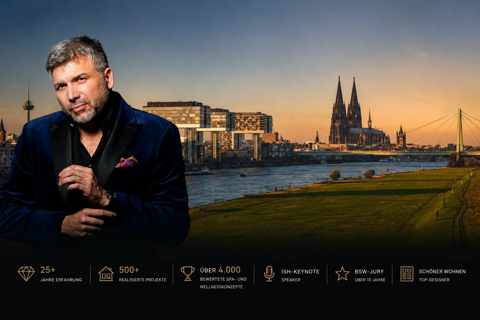 Badplanung Köln – Torsten Müller vor der Kölner Skyline. Herstellerunabhängige Planung für Luxusbäder, Bad en Suite und Private Spa.