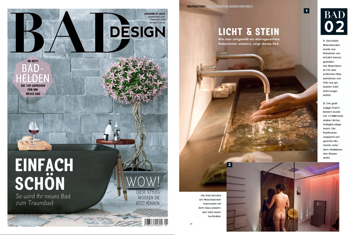 BAD DESIGN Cover und Magazinseite Licht und Stein über moderne Badarchitektur