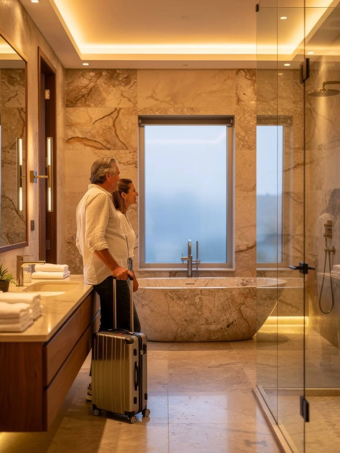 Paar mit Reisekoffer blickt nach dem Urlaub in sein fertiges Naturstein-Bad mit freistehender Wanne