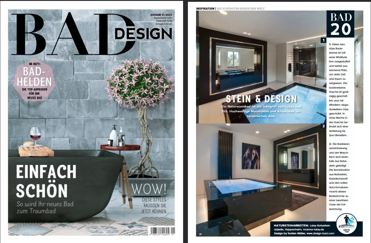 BAD DESIGN Magazin mit Cover und veröffentlichtem Natursteinbad von Torsten Müller