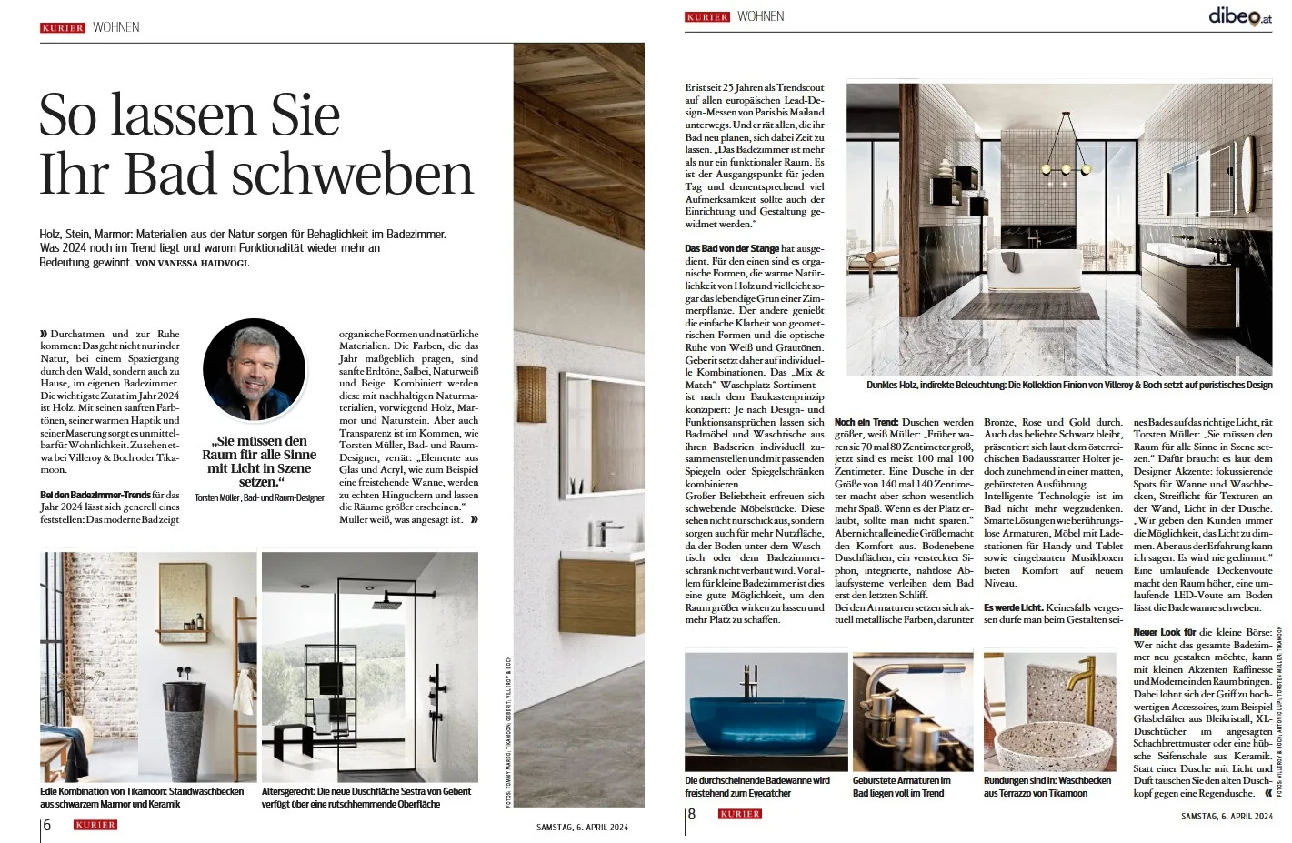 KURIER-WOHNEN-Magazinbeitrag So lassen Sie Ihr Bad schweben mit Badarchitektur-Trends von Torsten Müller