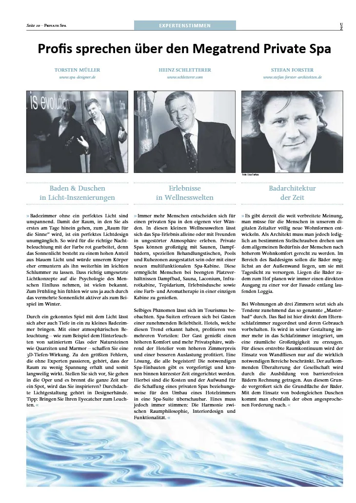 Magazinbeitrag mit Torsten Müller als Experte für den Megatrend Private Spa und Lichtinszenierungen