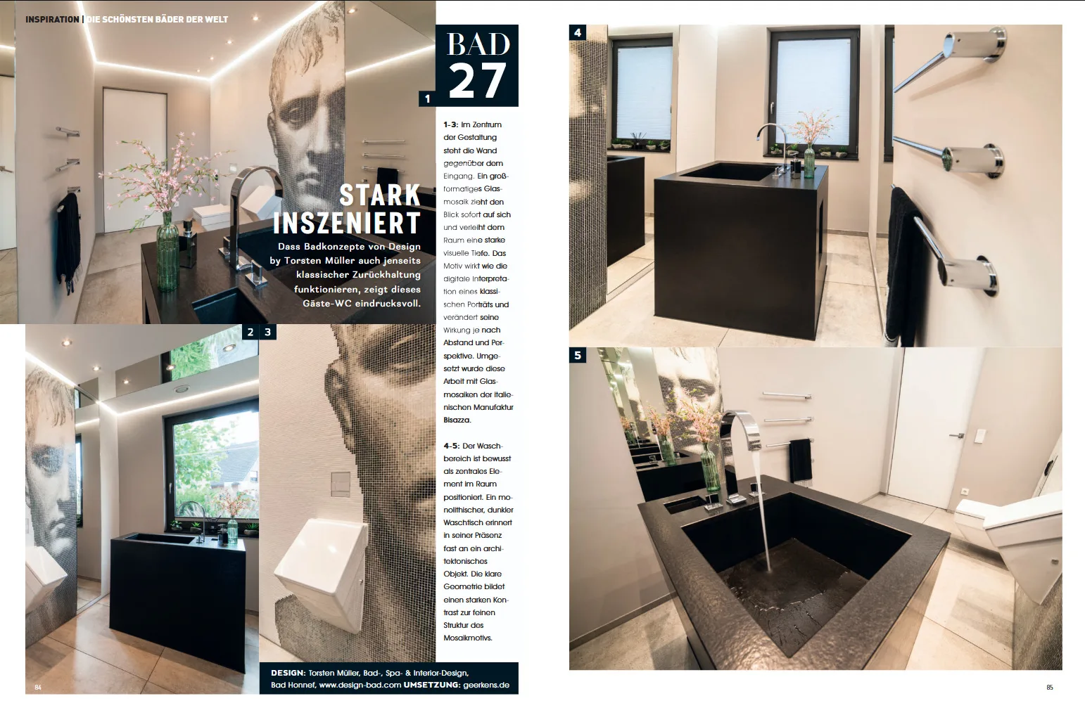 Magazinbericht über ein inszeniertes Gäste-WC mit Bisazza-Mosaik und dunklem Waschtisch