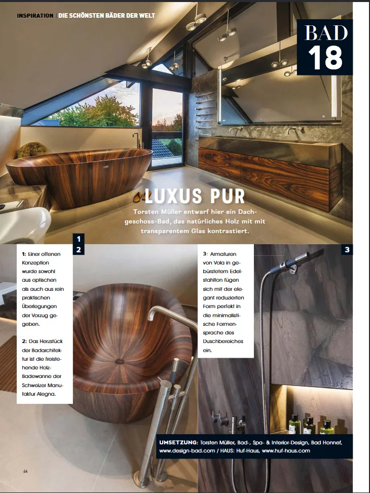 BAD DESIGN Magazinbericht über ein HUF-Haus-Bad im Dachgeschoss mit Alegna-Holzbadewanne
