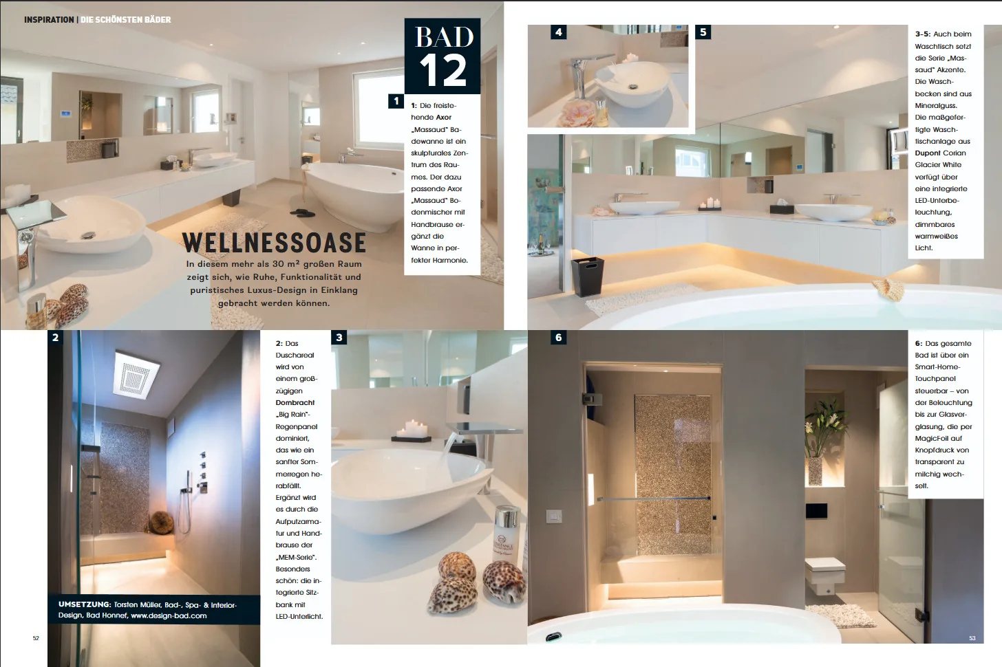 Doppelseitiger Magazinbericht über eine großzügige Wellnessoase und ein Luxusbad von Torsten Müller