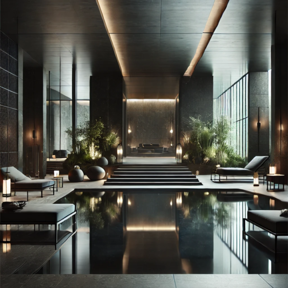Modernes Spa-Design mit dunklen Tönen und raffinierter Lichtinszenierung