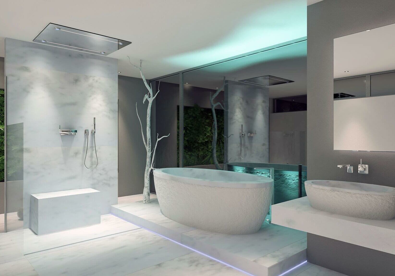 Heller Raum mit offener Dusche, ovaler Badewanne und Waschbereich