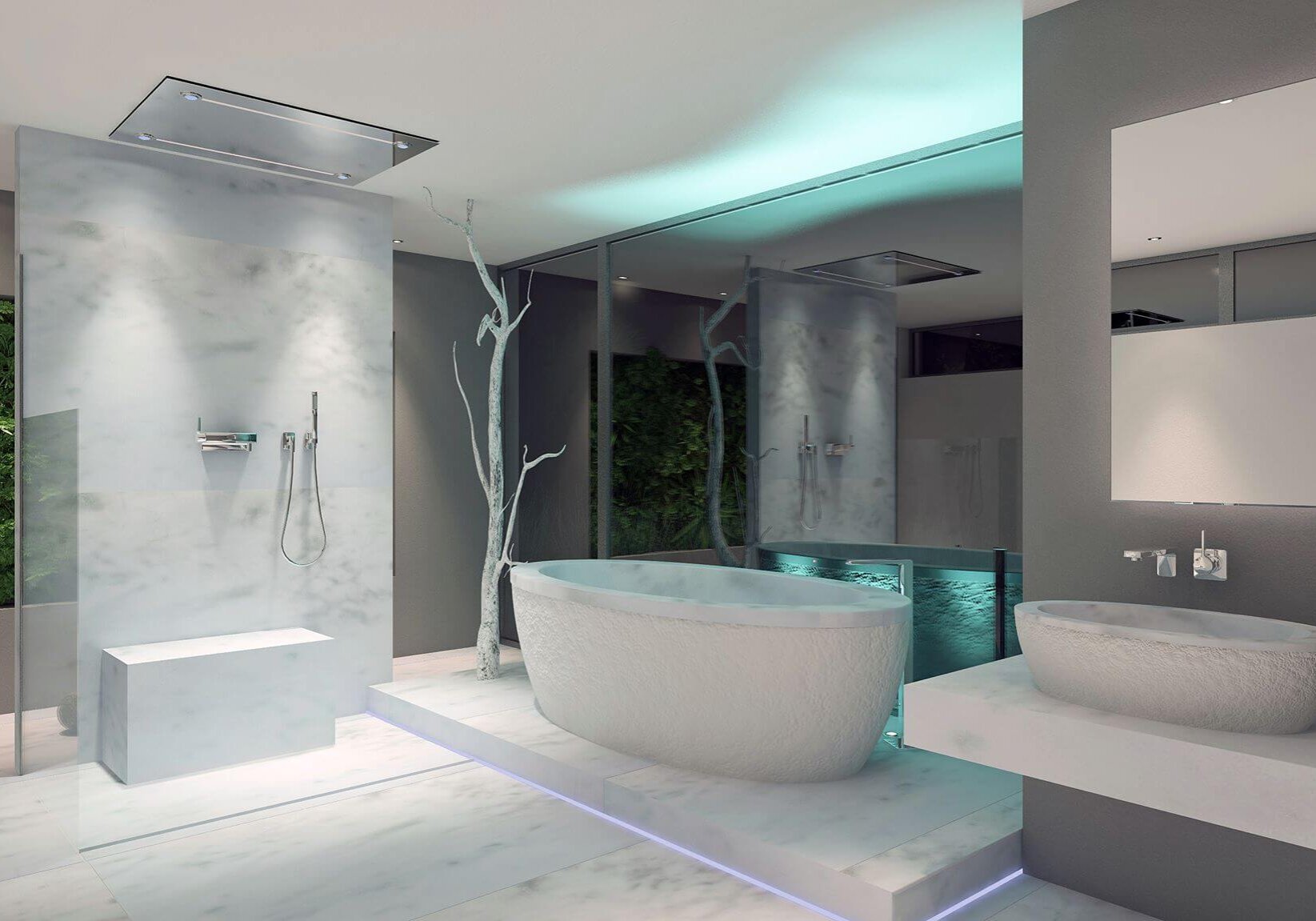 Weiß-graues Luxus Badezimmer Heller Raum mit offener Dusche, ovaler Badewanne und Waschbereich