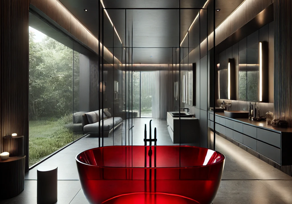 Luxus Bad-Design: Rote Badewanne im Dark Style – Bad en Vogue