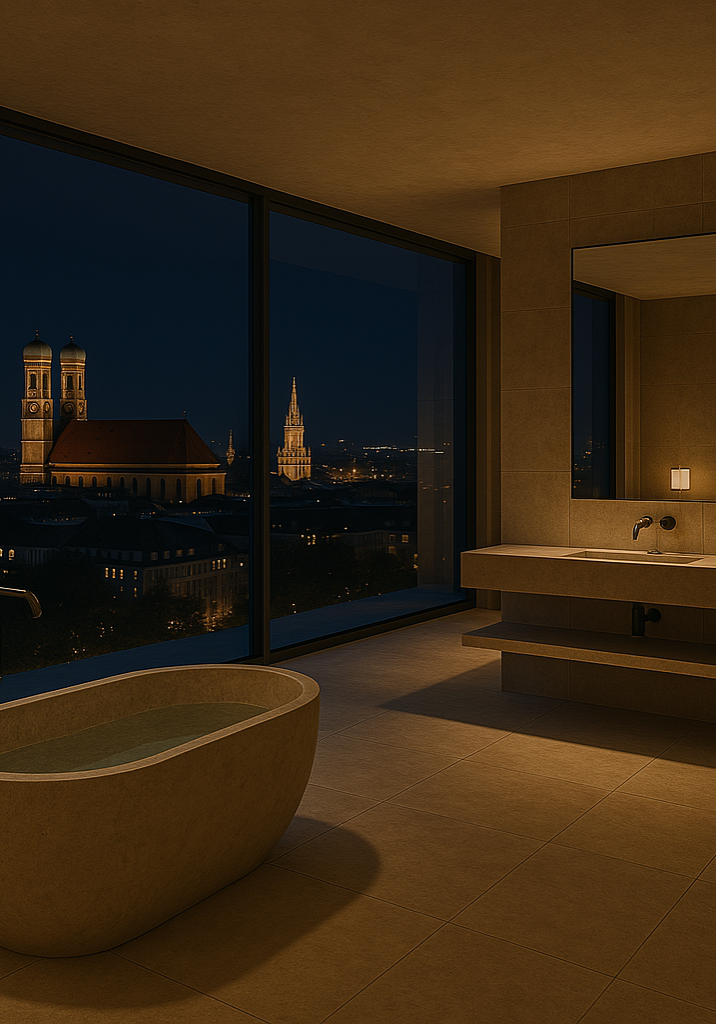 Modernes Badezimmer mit freistehender Badewanne und nächtlichem Panoramablick auf München